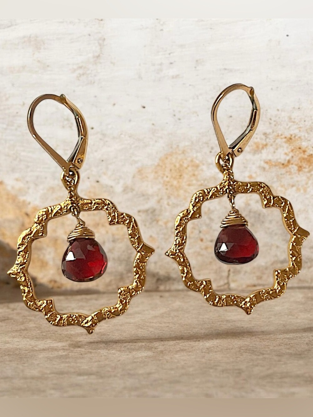 Gold Filled Garnet Gemstone Teardrop Dangle Drop Earrings